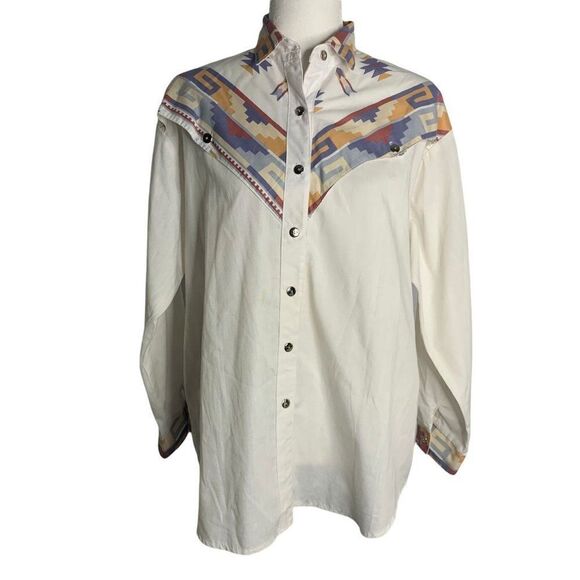 Vintage Roughrider Western Shirt M White Aztec Button Long Sleeve One Point Yoke - Picture 3 of 8